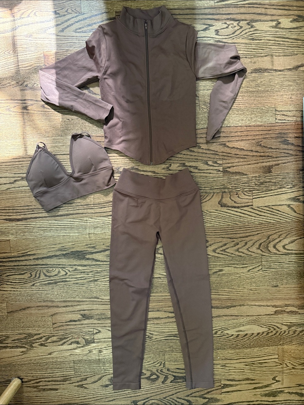 3-Piece Active Set in Brown - Zip Jacket, Bra, Leggings Size S